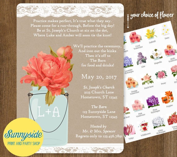 Poem style REHEARSAL Dinner Invitation with Mason Jar and Lace - You choose flower! // Rustic Country Printable Wedding Rehearsal Invite Il_570xn