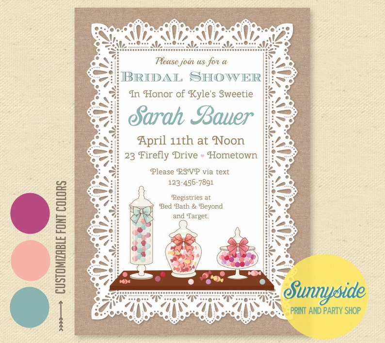 Sweet / Candy themed Bridal Shower Invitation // Vintage Style Burlap and Lace // Printable or Printed Bridal Shower Invite image 1