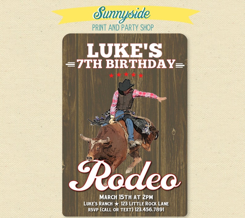 Rodeo Bull Rider Cowboy Birthday Invitation Printable Western Party Invite, digital printable image 1