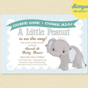 May include: A baby shower invitation with a blue and white striped background. The invitation features a cartoon elephant with the text "Come One Come All! A Little Peanut is on the way!" and the names "Sarah & Baby Bauer".
