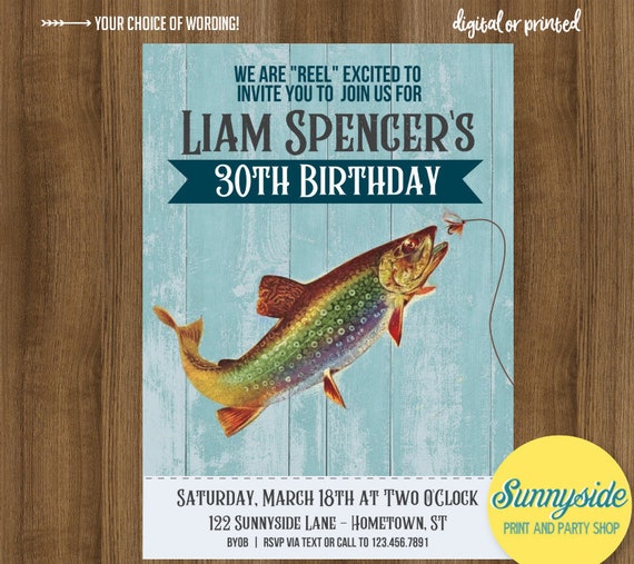 Fishing Birthday Party Invitation for adult, men's reel in 30th 40th 50th fish printable birthday invite with trout, printable or printed Il_570xn