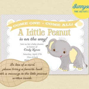 May include: A baby shower invitation with a gray background and white polka dots. The invitation features a cartoon elephant with yellow ears and a peanut-shaped graphic with the text "In lieu of a card, please bring a favorite book with a message to the little peanut written inside."