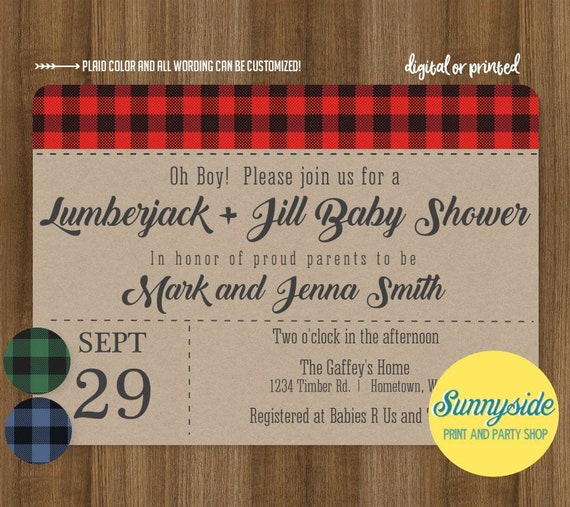 Printable Lumberjack & Jill Baby Shower Invitation, Co-Ed Baby Shower invite with Rustic Buffalo Style Plaid and Kraft Il_570xn
