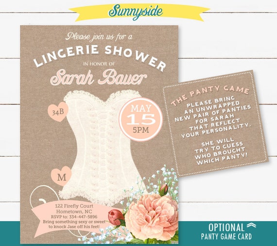 Bridal Shower Lingerie Invitation - Pink Blush Corset Lingerie Shower Invite with burlap and optional panty game, printable invitation Il_570xn