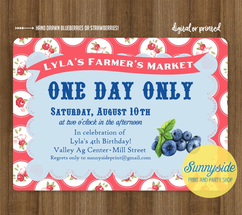 Blueberry Birthday Invitation Farmer's Market Party Invite printable digital berry invitations, vintage style image 1