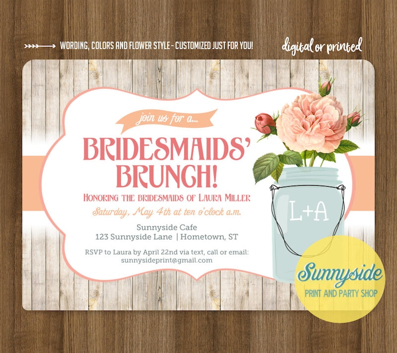 Bridesmaids Brunch invitation // rustic mason jar brunch luncheon shower invite // printable or printed invitations // you choose flower 