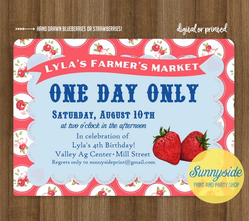 Blueberry Birthday Invitation Farmer's Market Party Invite printable digital berry invitations, vintage style image 2