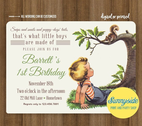 Boys Made of Birthday Invitation, Frogs / Snips Snails Puppy Dog Tails, Vintage Style Printable Birthday Invite, First 1st Birthday any age Il_570xn