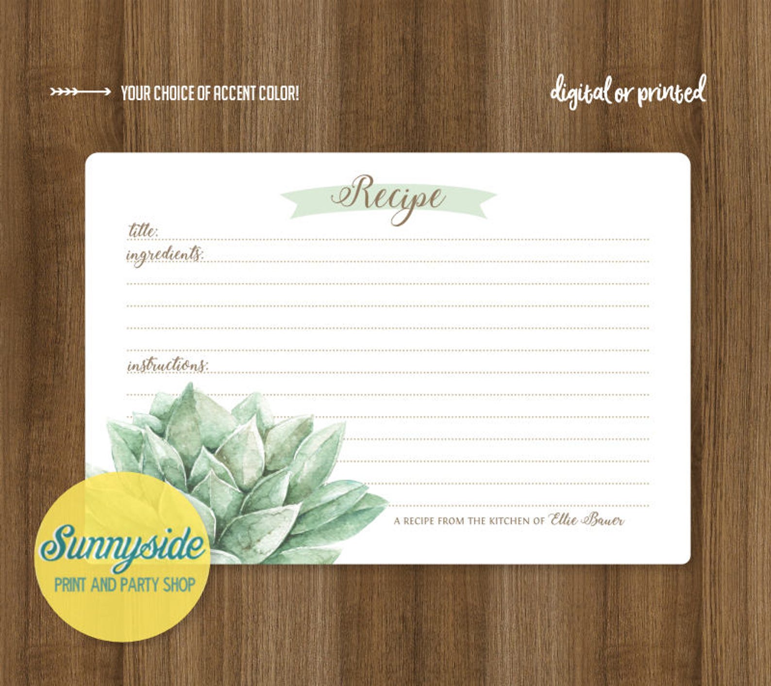 Succulent Recipe Card // Printable or Printed Recipe Card 3x5 - Etsy