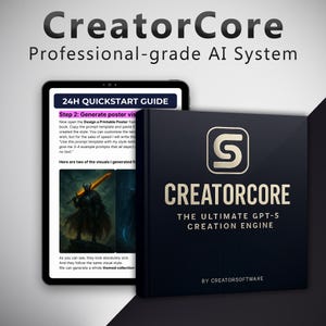 Pode incluir: Um livro preto e um tablet exibem o texto "CreatorCore" e "Professional-grade AI System". A capa do livro apresenta um logotipo "S" dourado e o texto "The Ultimate GPT-5 Creation Engine".