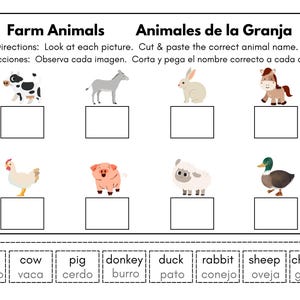Bilingual Farm Animal Matching Worksheet | Cut and Paste Activity in English & Spanish | Preschool Farm Printable | Homeschool Learning PDF