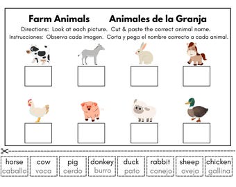 Bilingual Farm Animal Matching Worksheet | Cut and Paste Activity in English & Spanish | Preschool Farm Printable | Homeschool Learning PDF
