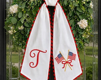 4th of July Gingham Wreath Sash Embroidered Monogram, Ric Rac American Flags Wreath Sash, Patriotic Door Decor, Custom Wreath Sash