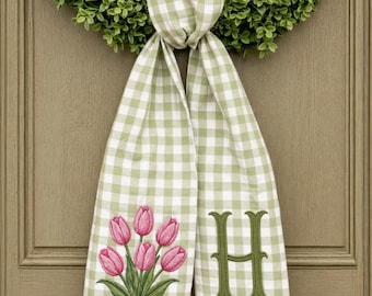 Personalized Tulip Monogram Wreath Sash Embroidered, Gingham Ribbon Wreath Home Decor