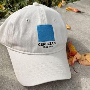 May include: A white baseball cap with a blue square and the word "CERULEAN" printed on the front. The text "PT-15-4020" is below the word "CERULEAN". The cap is sitting on a concrete surface with fallen leaves.