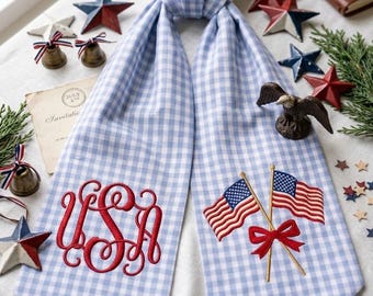 Custom Monogram Patriotic Wreath Sash, Embroidered USA Flag Bow, Red, White and Blue Decor, 4th of July, Housewarming Gift, USA Sash Gift