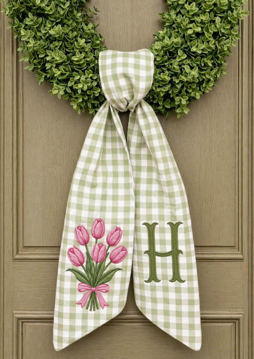 Personalized Tulip Monogram Wreath Sash Embroidered, Gingham Ribbon Wreath Home Decor - Gingham Sage Green, Embroidery on 2 Tail