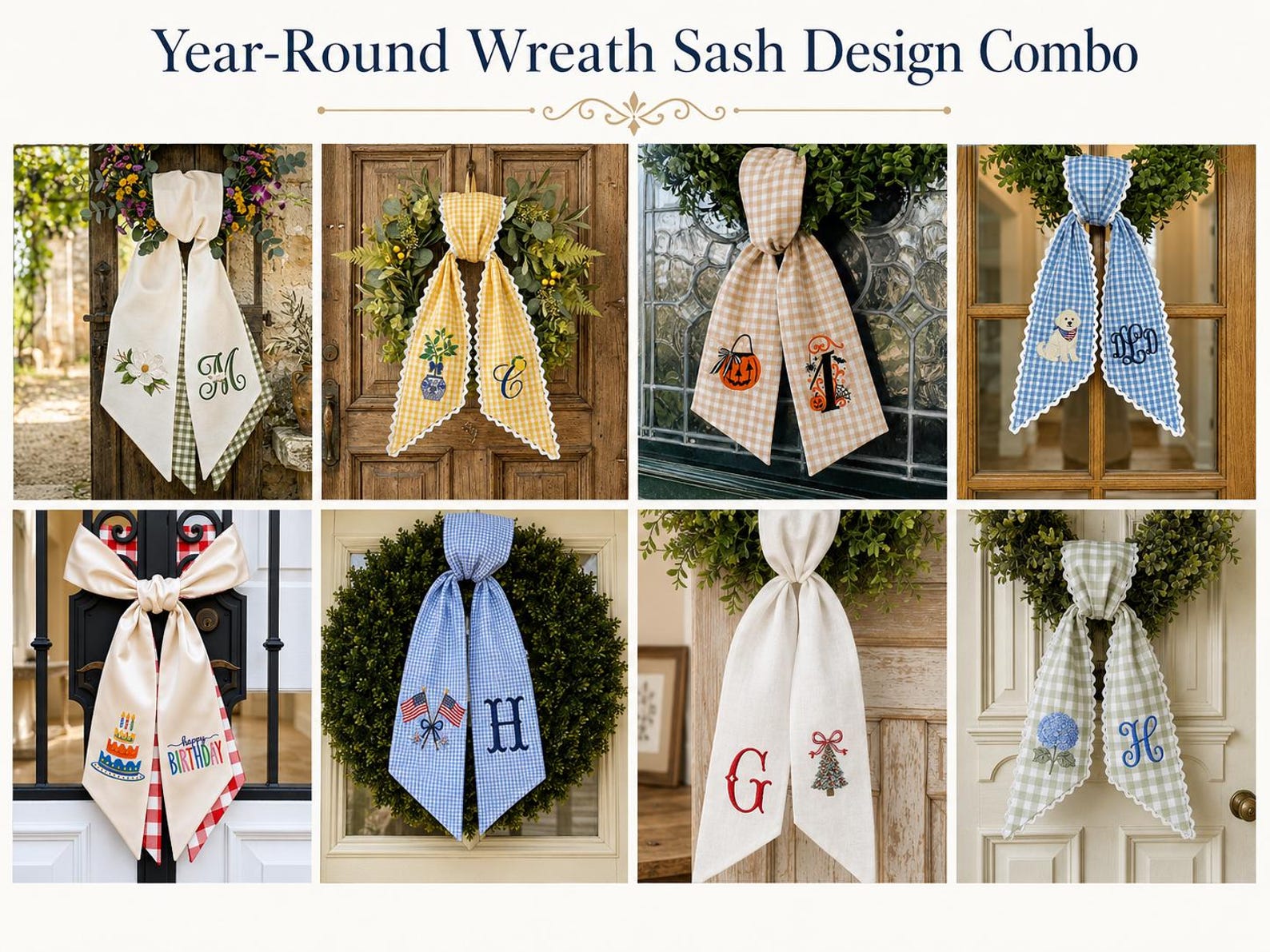 Combo Wreath Sash Set, Embroidered Seasonal Sashes, Year-Round Decor, Spring Summer 4th July Easter Fall Christmas Front Door Wreath - 8pcs (any on store)