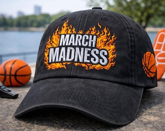 March Madness Washed Hat Embroidered, Sporty Basketball Cap for Game Day