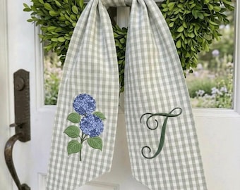 Personalized Hydrangea Embroidered Wreath Sash, Custom Monogram Wedding Sash, Blue Floral Door Wreath Sash, Spring Garden Home Decor