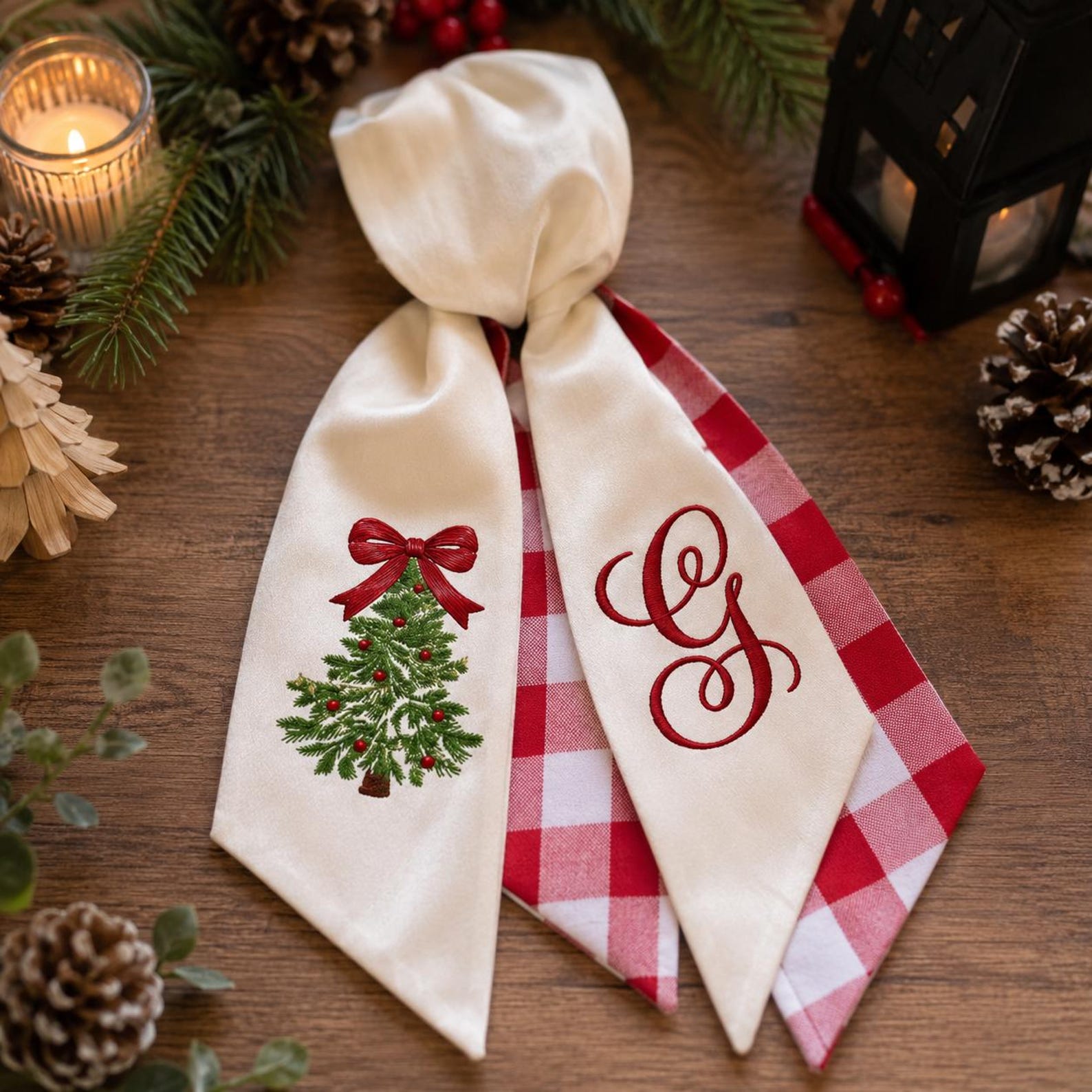 Christmas Tree Wreath Sash With Monogram, Embroidered Double Wreath Sash, Christmas Bow Tree With Personalized Letter, Front Door Sash - Fabric CT7, Embroidery on 2 Tail