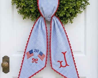 Custom Monogram Patriotic Wreath Sash, Embroidered USA Flag Decor, 4th July Housewarming Gift