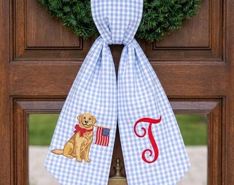 Personalized Monogram Wreath Sash, Embroidered Dog, American Flag, Seersucker Door Decor, USA Wreath Sash, 250th Anniversary