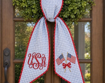Custom Monogram Patriotic Wreath Sash, Embroidered USA Flag Bow Ric Rac Wreath Sash Decor, 4th of July,Housewarming Gift,USA Sash Gift