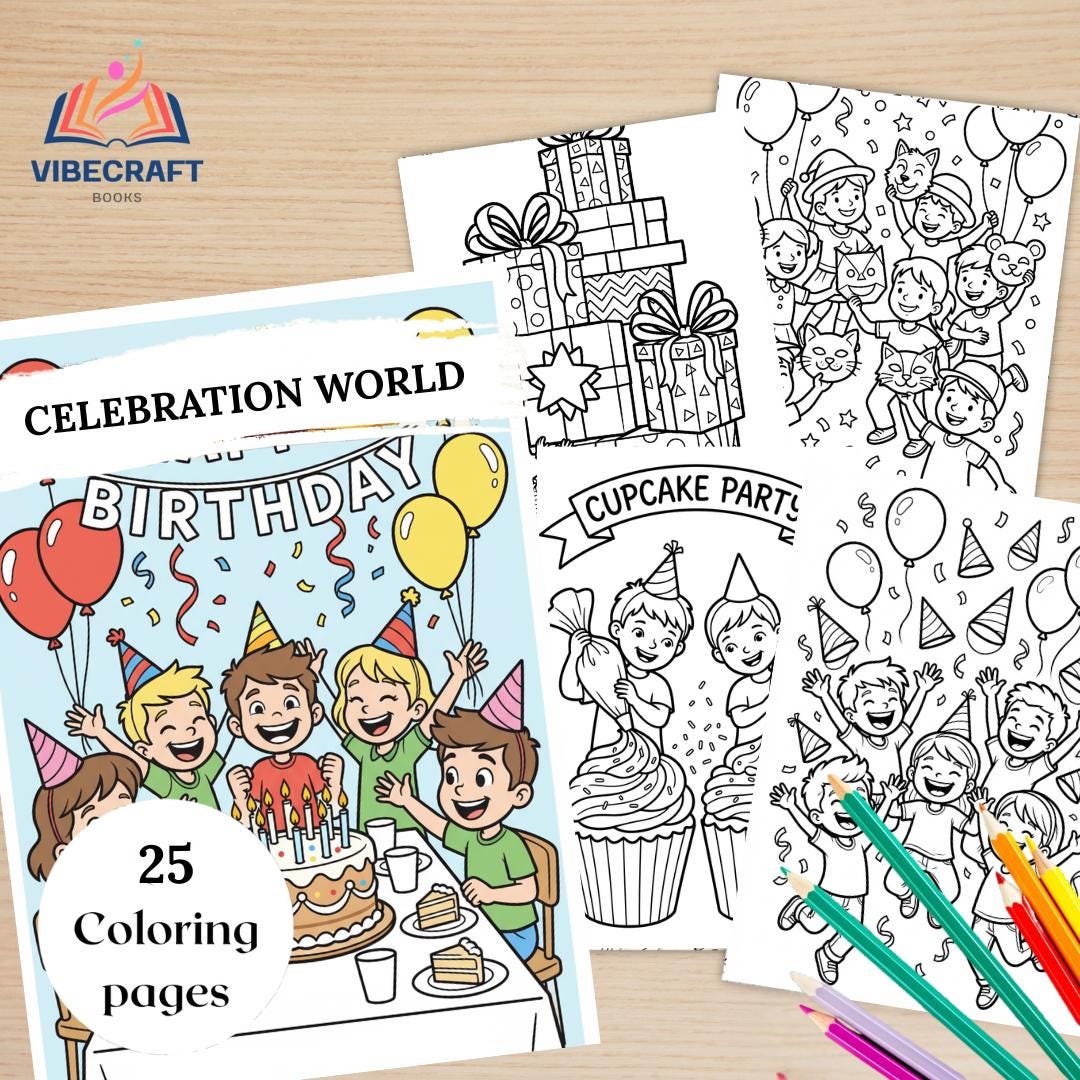 Party Coloring Pages for Kids, Birthday Fun Coloring Book, Printable ...