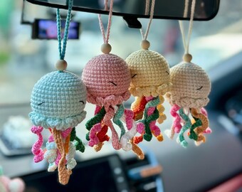 Crochet Jellyfish Car Hanging, Cute Octopus Charm, Kawaii Car Mirror Decor, Handmade Amigurumi Ocean Plush, Colorful Car Accessory