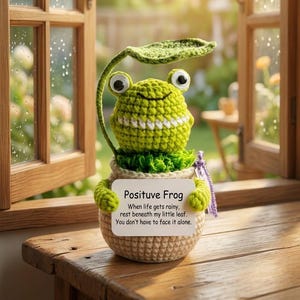 Smiling Frog Crochet Pot, Handmade Positive Gift, Cute Desk Decor, Cheer Up Gift, Birthday Gift for Loved Ones, Gift For Friends