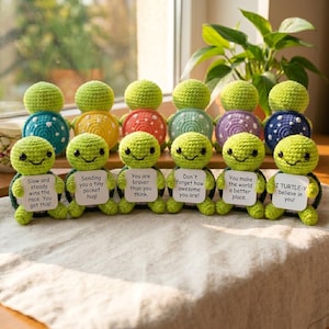 May include: Six small, crocheted green turtles with colorful shells in blue, yellow, orange, light green, purple, and dark blue. Each turtle holds a white card with printed text: Slow and steady wins the race. You got this!, Sending you a tiny pocket hug!, You are braver than you think., Don't forget how awesome you are!, You make the world a better place., I TURTLE-Y believe in you!