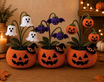 Crochet Halloween Pumpkin Ghost Pot, Spooky Pumpkin Decor, Ghost Flower Pot, Halloween Desk Decor, Handmade Gothic Home Decor,Halloween Gift