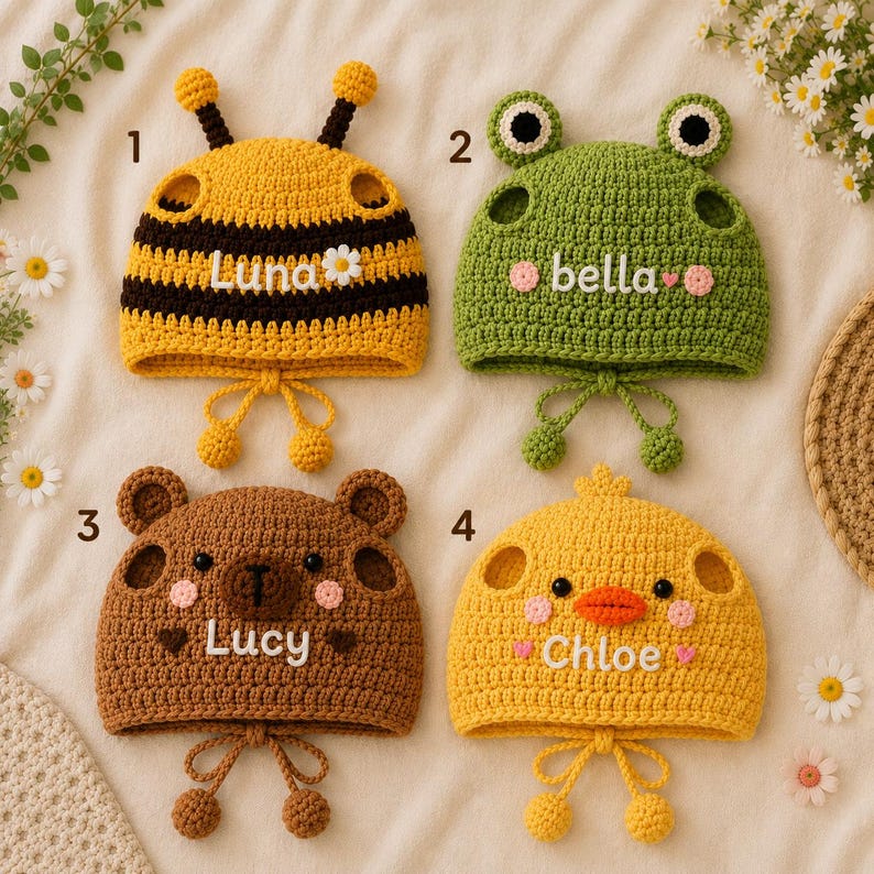 May include: Four crocheted pet hats featuring animal designs: a yellow and black bee with the name Luna, a green frog with the name bella, a brown bear with the name Lucy, and a yellow duck with the name Chloe. Each hat has ear holes and ties.