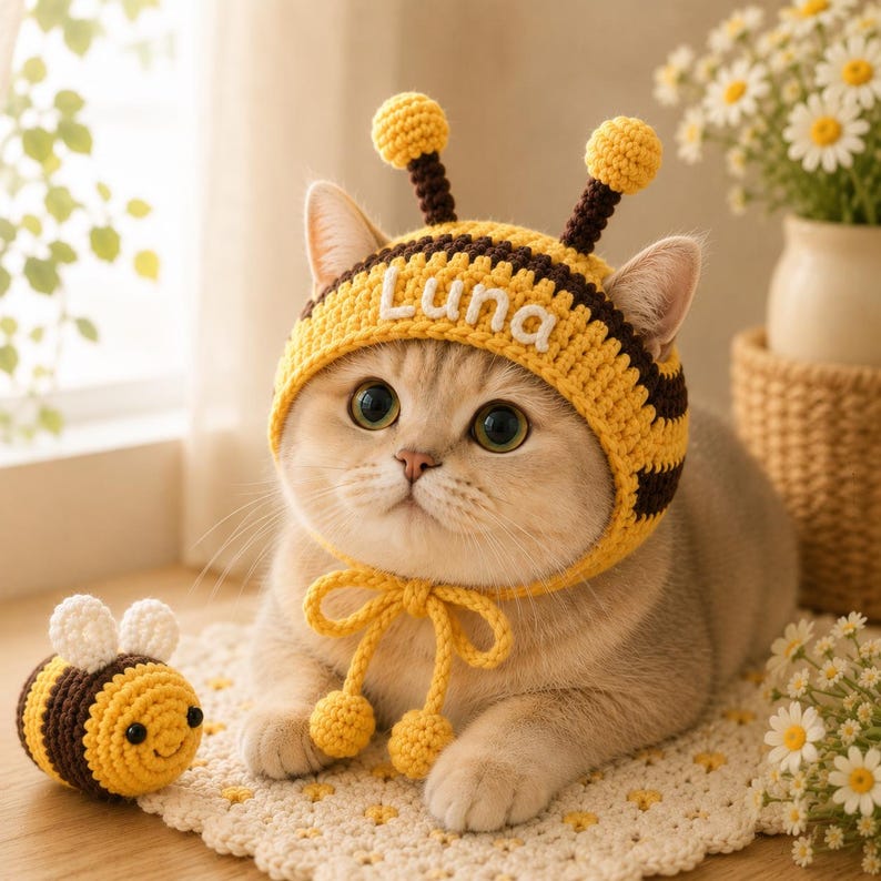 May include: A crochet cat hat featuring a yellow and brown striped bee pattern with two antennae topped with yellow spheres, tied with yellow chin straps, and the name Luna embroidered in white. A small matching crochet bee toy is included.