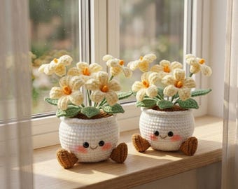 Handmade Crochet Smiling Daisy Flower Pot | Cute Desk - Home Decor | Relaxing Gift for Mom & Girlfriend | Kawaii Flower Gift | Crochet Daisy