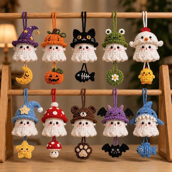 Halloween 2026 Virkad spökbilberlock, handgjord spegeltillbehör, söt läskig bildekor, amigurumi-spökhänge, söt Halloween-present