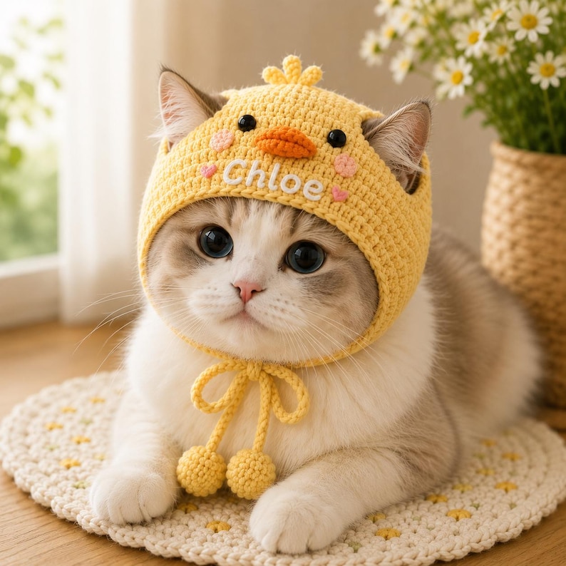 May include: A yellow crocheted pet hat featuring a chick design with an orange beak, black eyes, and small pink heart accents. The hat includes the name Chloe embroidered in white thread and two dangling yellow pom-poms attached to chin ties.
