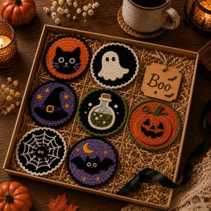 Könnte beinhalten: Ein Set aus sieben runden, gehäkelten Halloween-Untersetzern in einer Geschenkbox. Die Motive umfassen eine schwarze Katze, ein weißes Gespenst, einen lila Hexenhut, einen Zaubertrank, einen Kürbis, ein Spinnennetz und eine Fledermaus. Ein Holzanhänger trägt die Aufschrift Boo.