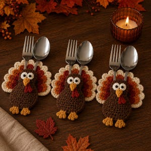 Puede incluir: Tres soportes para cubiertos de ganchillo con forma de pavo, cada uno con cuerpo marrón, pico amarillo, carúncula roja y cola en abanico de colores crema, naranja y marrón. Cada pavo sostiene un tenedor y una cuchara de metal plateado.