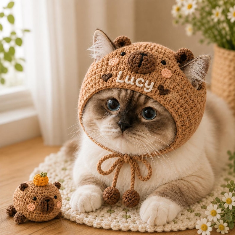 Personalized Crochet Cat Hat, Custom Pet Hat, Handmade Cat Accessory, Cute Pet Costume, Gift for Cat Lover, Custom Name Pet Gift 3