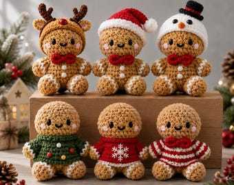 Könnte beinhalten: Sechs gehäkelte Lebkuchenpuppen in zwei Reihen angeordnet. Die obere Reihe zeigt Puppen mit Rentier-, Weihnachtsmann- und Schneemannmützen. Die untere Reihe zeigt Puppen in einem grünen Pullover, einem roten Pullover mit Schneeflocke und einem Streifenhemd.