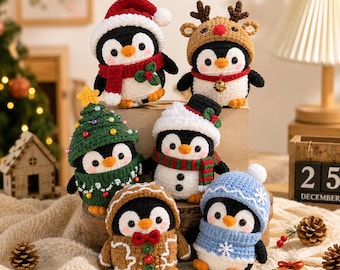 Crochet Penguin Doll, Christmas Amigurumi Animal, Cute Xmas Shelf Sitter, Holiday Table Decor, Winter Penguin Plushie, Holiday Gift Set