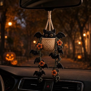 Plante chauve-souris en crochet pour voiture, breloque de rétroviseur d'Halloween, décoration suspendue effrayante, accessoire pour mini pot de fleurs, adorable chauve-souris amigurumi, décoration d'automne pour voiture