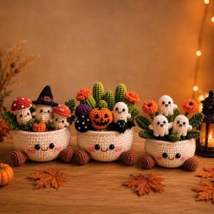 Puede incluir: Tres macetas de ganchillo color crema con caras sonrientes y pequeños pies marrones, cada una llena de figuras de ganchillo con temática de Halloween que incluyen setas, un sombrero de bruja, una calabaza, fantasmas, murciélagos y cactus verdes.