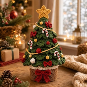 Pode incluir: Uma árvore de Natal de crochê em verde escuro com uma estrela amarela no topo. A árvore é decorada com pequenas bolas vermelhas e brancas, laços vermelhos e bengalas doces. Fica num vaso castanho de crochê com um grande laço vermelho na base.