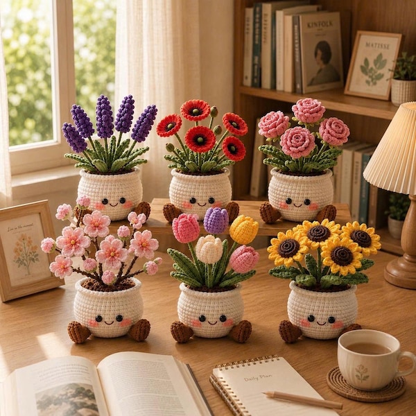 かぎ針編みの植木鉢、かわいいデスクアクセサリー、あみぐるみ鉢植え、エバーラスティングサンフラワー、かわいいオフィス装飾、チューリップのぬいぐるみ、同僚へのギフト