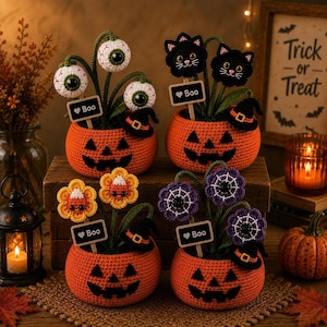 Halloween Crochet Plant, Pumpkin Pot Amigurumi, Spooky Desk Decor, Candy Corn Flower, Black Cat Decor, Eyeball Plant, Fall Office Gift