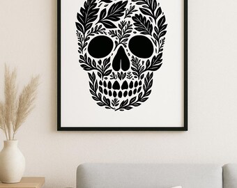 Impresión de hoja de calavera gótica: Arte mural botánico oscuro (descarga digital)