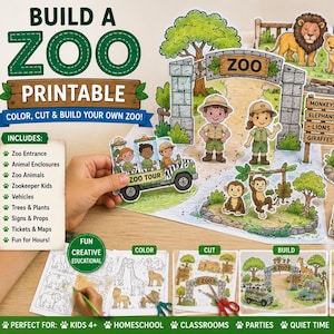 Könnte beinhalten: Ein farbenfrohes "Zoo bauen"-Druckset mit Zootieren, Fahrzeugen und Tierpflegerfiguren. Enthält einen Zooeingang, Gehege und Tickets. Perfekt für Kinder ab 4 Jahren. Malen, ausschneiden und bauen Sie Ihren eigenen Zoo!